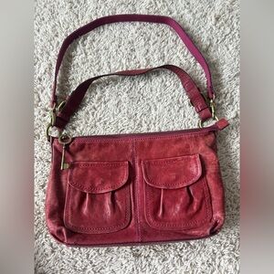 Vintage Fossil Leather Long Live Vintage Brass Key Magenta Pink Shoulder Bag
